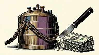 Hess Midstream restructuring: an oil storage tank being unlinked from a chain while a stack of share certificates is partially cut away.