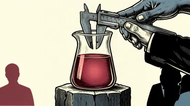 An editorial illustration showing a laboratory beaker being measured by large calipers to a new, higher level.