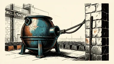Canada pressures Cleveland-Cliffs over plant idling: a heavy steel cable anchored to a stone pillar pulls a cold, stationary industrial ladle back toward empty molds.