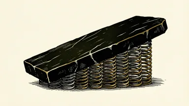 The Nasdaq, Dow, and S&P 500 indices declining: a heavy stone slab compressing a row of metal springs and tilting downward.