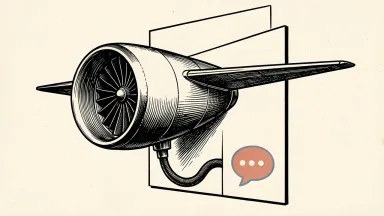 Southwest Airlines launches a ChatGPT plugin: a jet engine on a digital platform is linked to a chat bubble icon.
