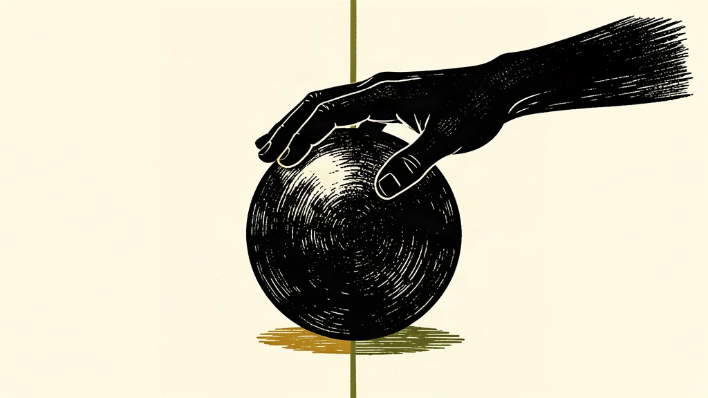 A conceptual woodcut illustration of a heavy sphere held stationary just before a vertical boundary line.
