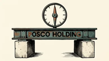 Posco Holdings downgraded to neutral: a heavy steel beam rests on supports beneath a mechanical gauge with a needle pointing to a central neutral position.
