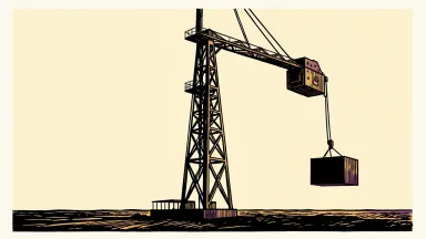 Chevron upstream development: a tall oil derrick hoisting a heavy structural block into place against an ivory background.