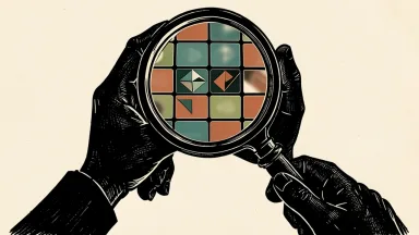 Google AI detection: a large magnifying lens focuses on a digital grid, revealing sharp geometric patterns within the glass while the surrounding area is blurred.