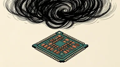 Nvidia AI market outlook: A clean, intact processor chip sits beneath a dark, swirling cloud of ink that is thinning and dissipating into the background.