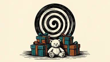 Target holiday toy list: a stack of gift-wrapped boxes and a plush bear arranged in front of a large bullseye target.