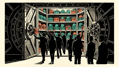 A line of silhouettes entering a bank vault to receive work equipment.