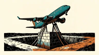An editorial illustration of a commercial jet on a platform being lowered into a trench, representing a price target cut.
