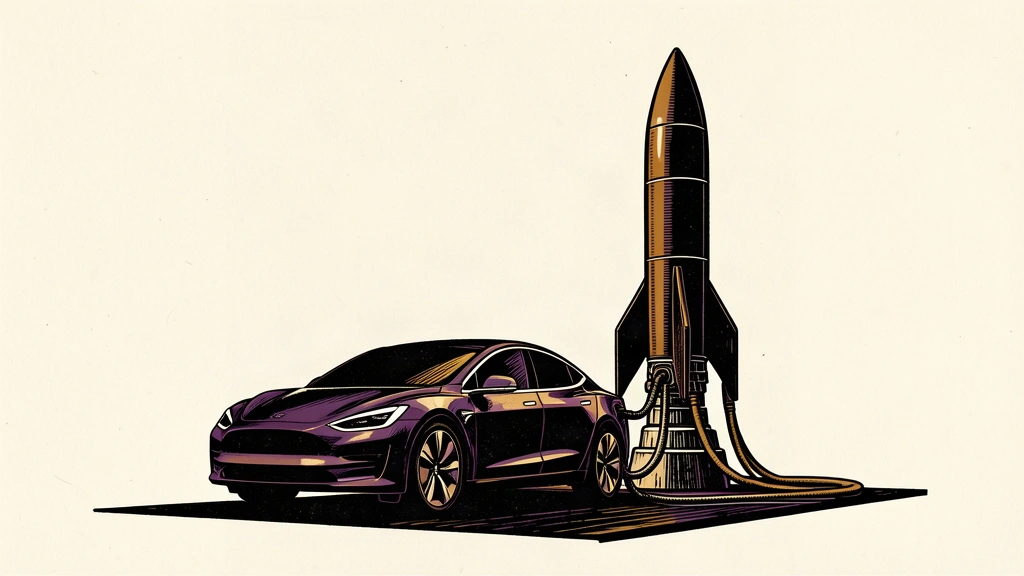 An illustration of an electric car and a rocket connected by heavy cables, casting a single shadow to represent potential corporate collaboration.