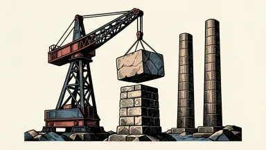 China's GDP growth projections raised by Nomura: a heavy stone block is lifted by a crane onto a rising pillar.