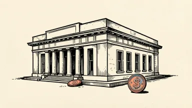Wells Fargo bank building with a coin beside it on a plain surface.