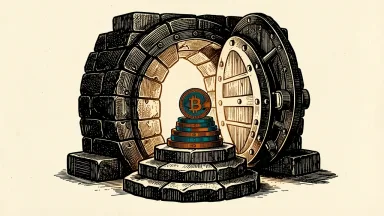 Genius Group acquires 10 Bitcoin for its treasury: ten physical Bitcoin tokens are stored securely inside a heavy, open vault.