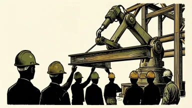 S&P Global US Manufacturing PMI rises as factory hiring hits a five-year high: a robotic arm and a team of workers assemble a large steel structure.