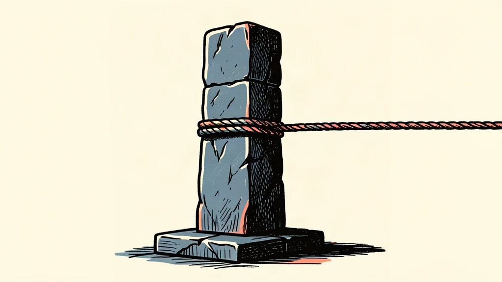 A sturdy stone pillar remains upright and stable despite a rope pulling it with tension.