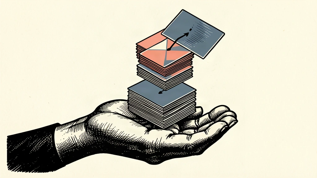 An editorial illustration showing a large hand supporting a central digital interface that is organizing a tall stack of workflow tasks.