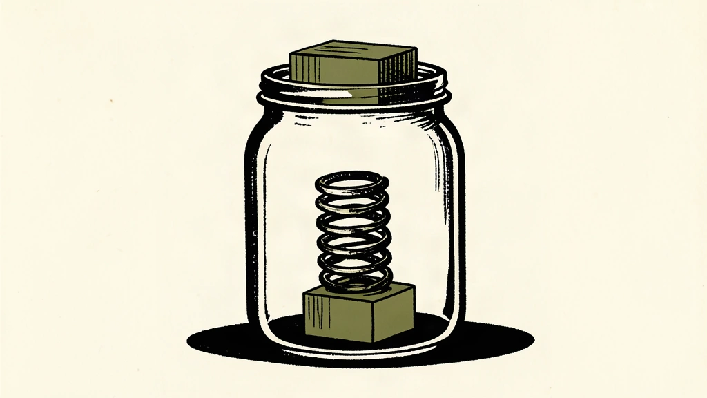 A conceptual linocut of a compressed spring held under a heavy block inside a glass jar, representing contained tension and economic monitoring.