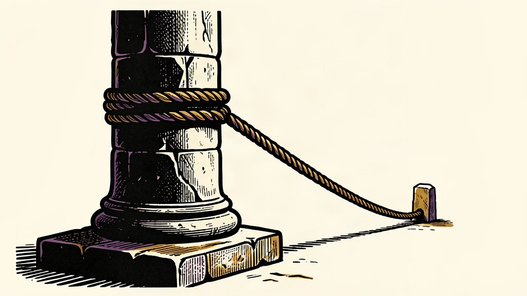 A sturdy stone pillar anchored to a base with a thick rope pulled taut toward a distant marker, symbolizing a central bank's commitment to a long-term target.