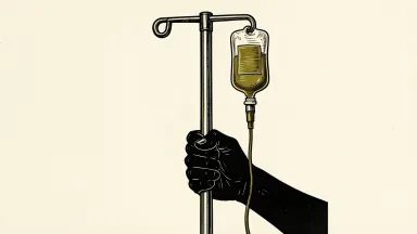 Option Care Health majority stake acquisition: a hand firmly grasps a tall medical IV stand with a hanging infusion bag.