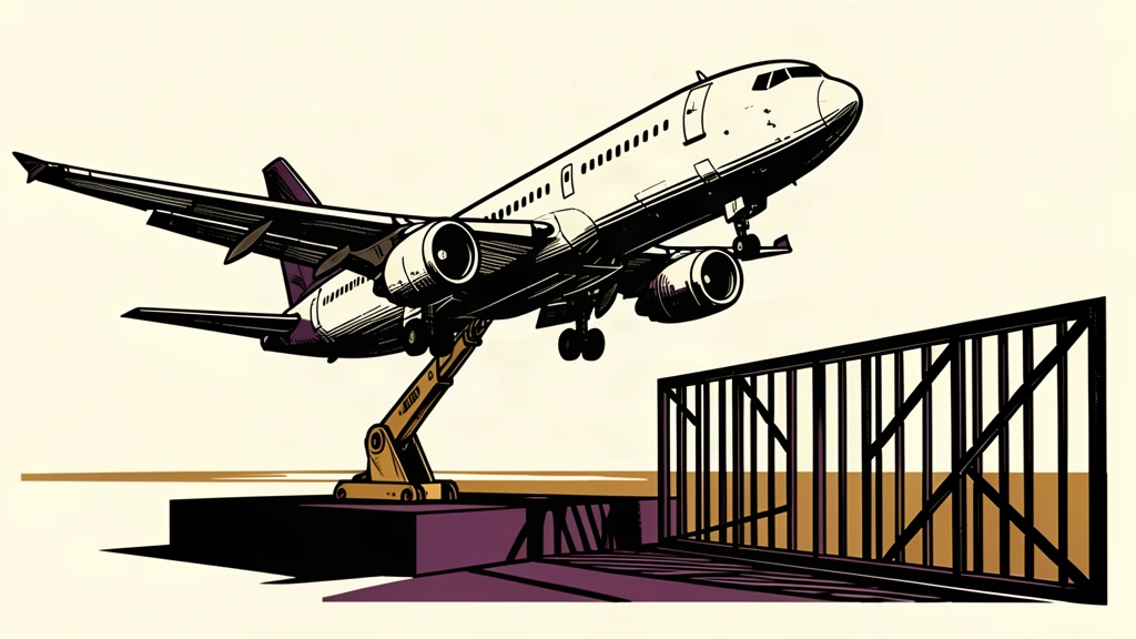 An illustration of a passenger jet being jacked upward while a barrier narrows its path, representing higher revenue outlook alongside cut capacity.