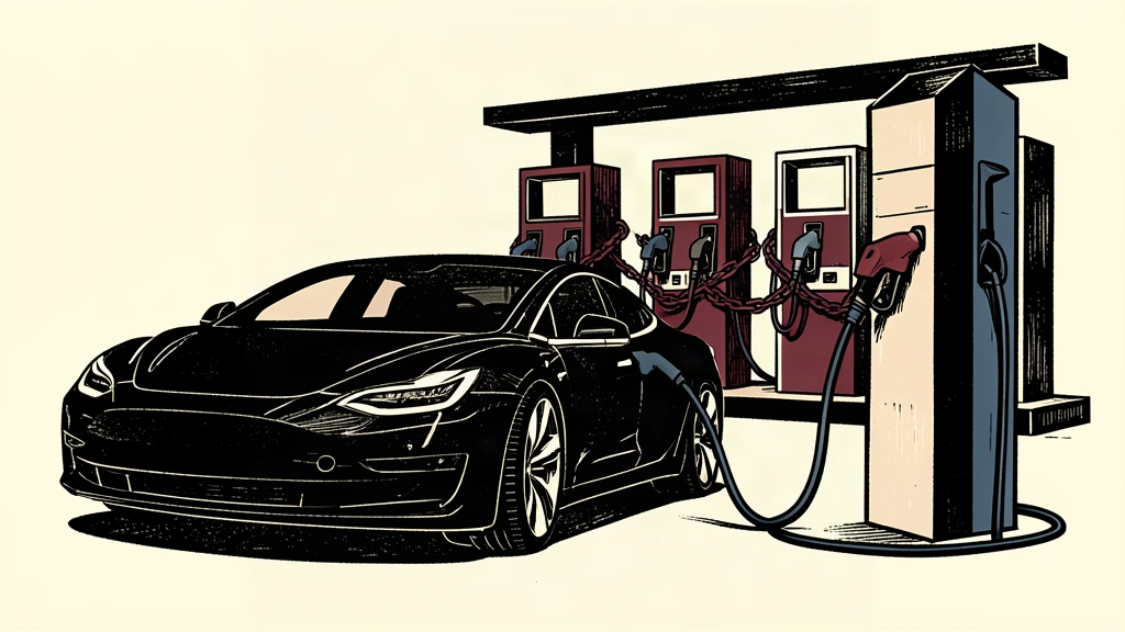 An editorial illustration showing an electric car charging in the foreground while gasoline pumps in the background are bound with heavy chains.