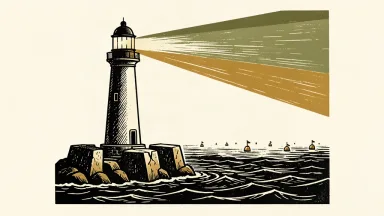 A sturdy lighthouse built from three large stone blocks casts a powerful beam of light over a dark sea to illuminate market buoys.