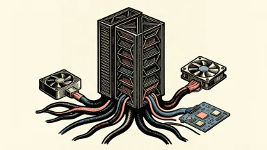 An editorial illustration of a large server rack connected by a network of cables to various hardware components like wafers and circuit boards, representing a sovereign AI supply chain stack.