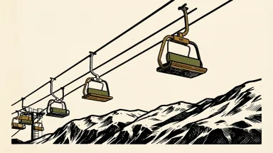 Vail Resorts fiscal outlook: a line of empty chairlift chairs ascending a diagonal cable toward a clear sky.