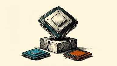 AMD stock rallies on bullish AI hardware demand: a large computer processor chip elevated on a rising stone pedestal above other smaller chips.