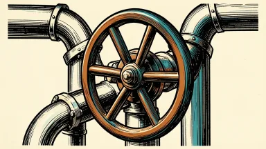 American Water leadership changes: an industrial water valve wheel connecting two heavy pipes, symbolizing the transition between regional operations.