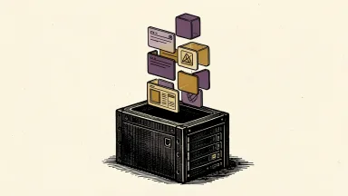 AI stocks shifting from hardware to software: a grounded server chassis with digital interface tiles rising from its core into the air.
