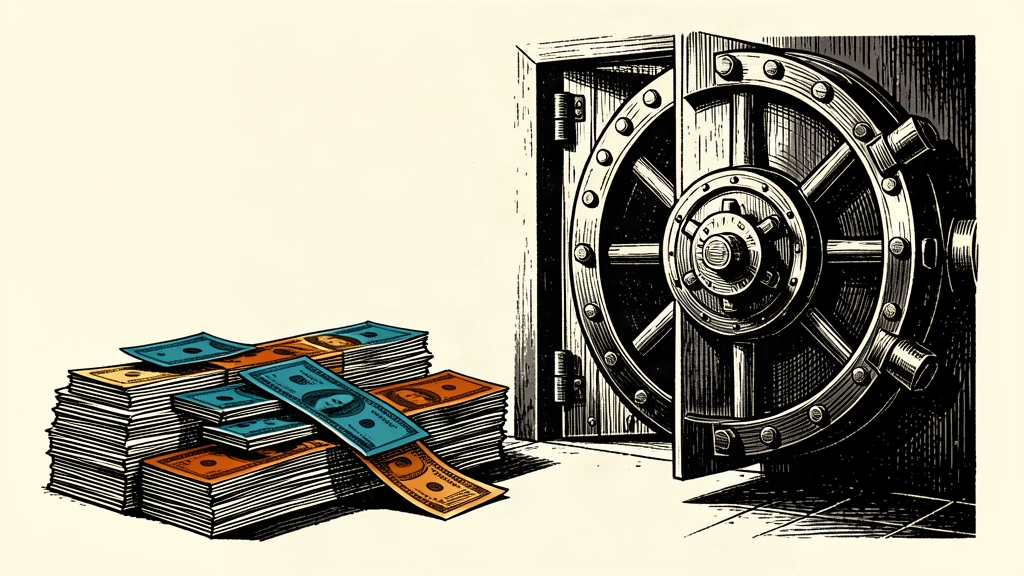 An illustration showing a stack of treasury bills sliding into a large, open bank vault.