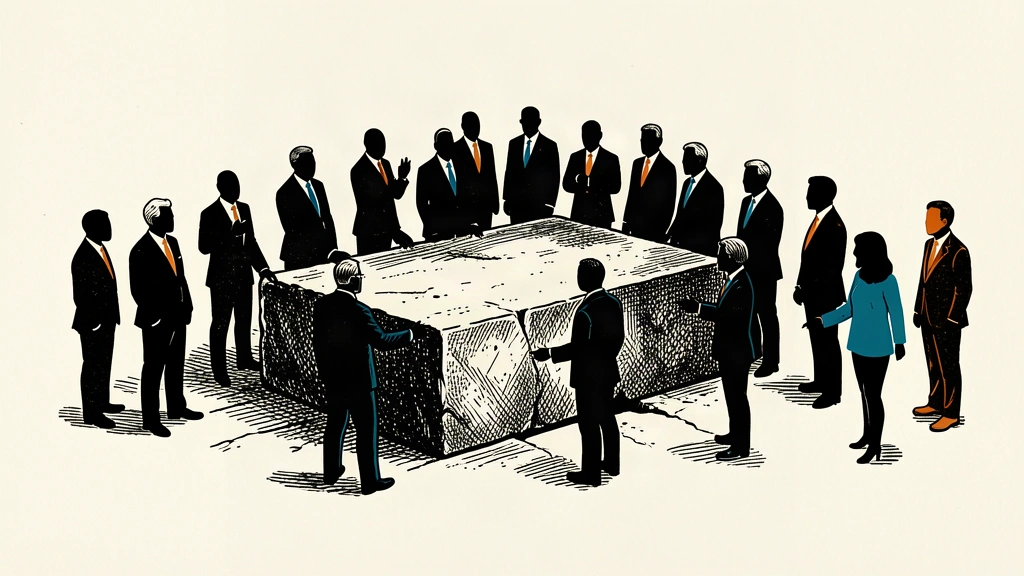 An editorial illustration showing a group of economists holding a heavy stone block in a fixed position, while a few others look toward a potential shift.
