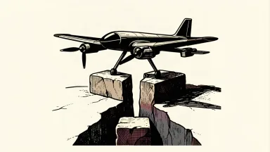 A drone sits on a high pedestal above a deep gap in the ground, representing the contrast between strong current earnings and lower GAAP guidance.