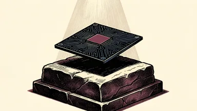 Nvidia market capitalization growth: a large microchip rests on a massive stone pedestal that bows under its weight.