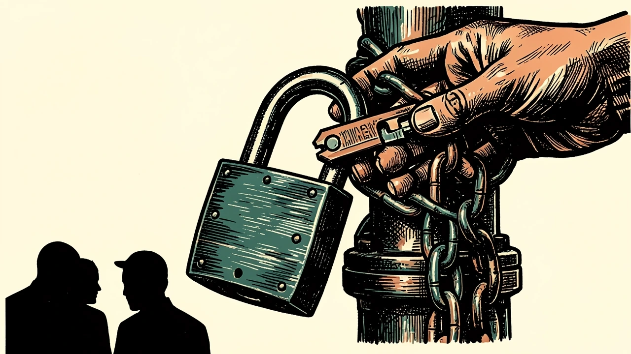 U.S. sanctions enforcement suspended: a hand turns a key in a heavy padlock that remains secured around an industrial oil valve.