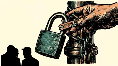 U.S. sanctions enforcement suspended: a hand turns a key in a heavy padlock that remains secured around an industrial oil valve.