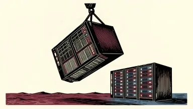 An editorial illustration showing a large server rack being lifted high into the air by a crane hook, representing a significant price target upgrade for a cloud infrastructure provider.