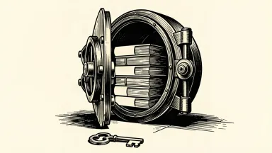 A sturdy open bank vault door reveals organized household ledgers, symbolizing healthy consumer credit quality.