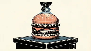 McDonald’s using AI to analyze pricing: a large multi-layered burger on a digital scanner bed being measured by a robotic sensor arm.