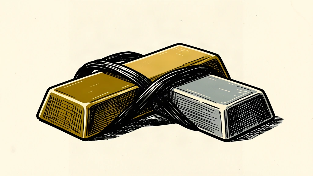 An editorial illustration showing a gold bar and a silver bar encircled by an infinite loop, representing perpetual futures contracts.