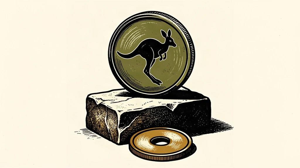 A stylized kangaroo coin sits high on a stone pedestal while a smaller coin with a hole in the center rests in the shadow below.