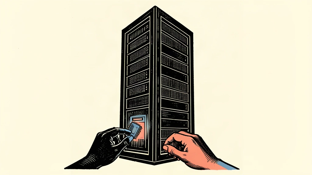 An editorial illustration showing a hand placing a chip into a giant server tower, representing a massive long-term infrastructure commitment.