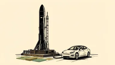 SpaceX earnings and Tesla merger rumors: a vertical rocket booster connected by a cable to a Tesla car on a launch pad.
