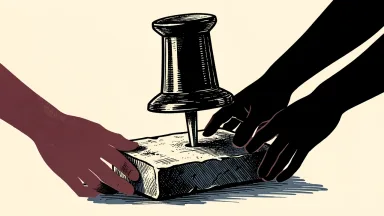 Pinterest appoints a new CFO: a large pushpin is stabilized by a heavy stone block being positioned by anonymous hands.
