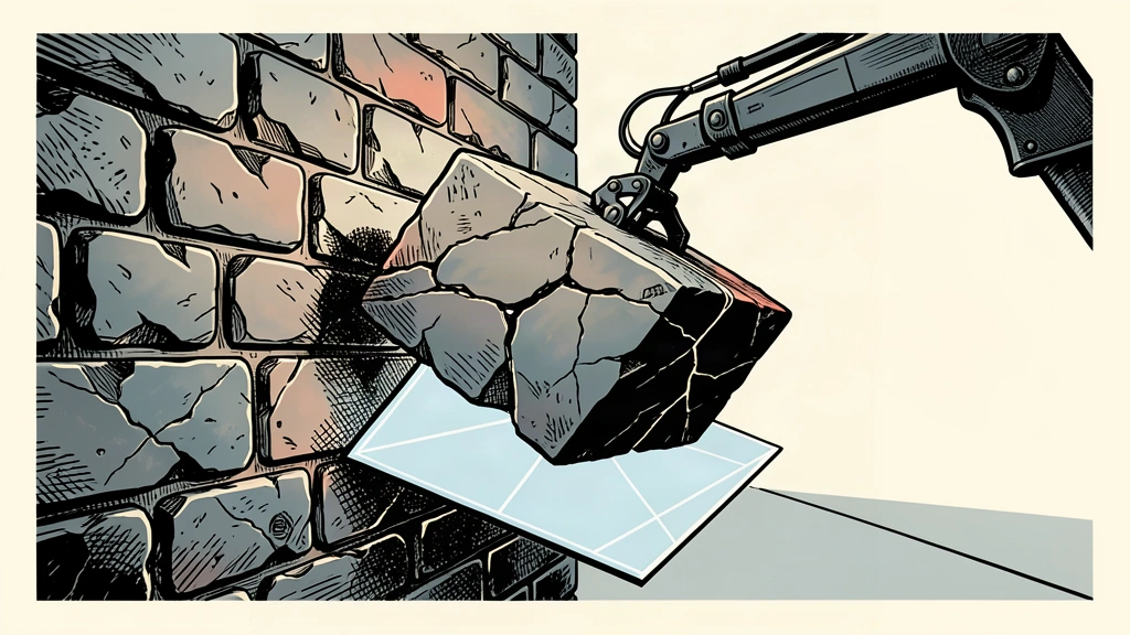 A mechanical arm removes a heavy, cracked stone block from an old wall to reveal a smooth, modern surface beneath.