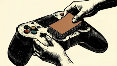 GameStop CEO Ryan Cohen increases his stake: a pair of hands places a thick stack of stock certificates into a large video game controller.