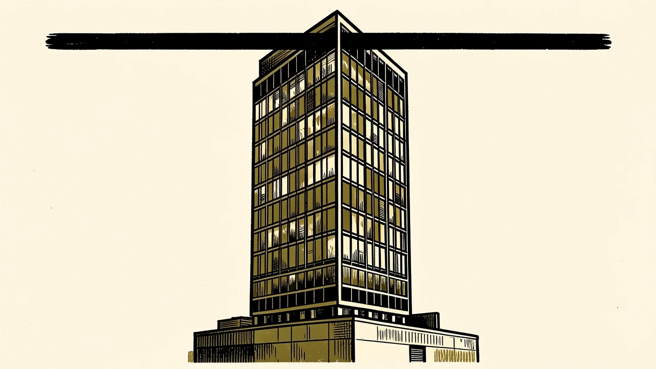 Newmark Group price target cut by analysts: a modern office tower is being pressed downward by a heavy horizontal bar.