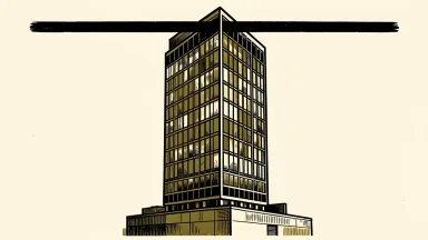 Newmark Group price target cut by analysts: a modern office tower is being pressed downward by a heavy horizontal bar.