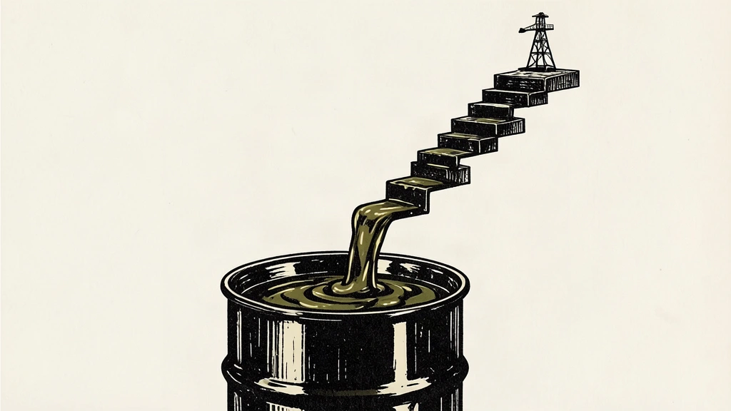 An editorial illustration showing a column of crude oil rising from a barrel in a series of ascending steps, with a small oil derrick at the peak.
